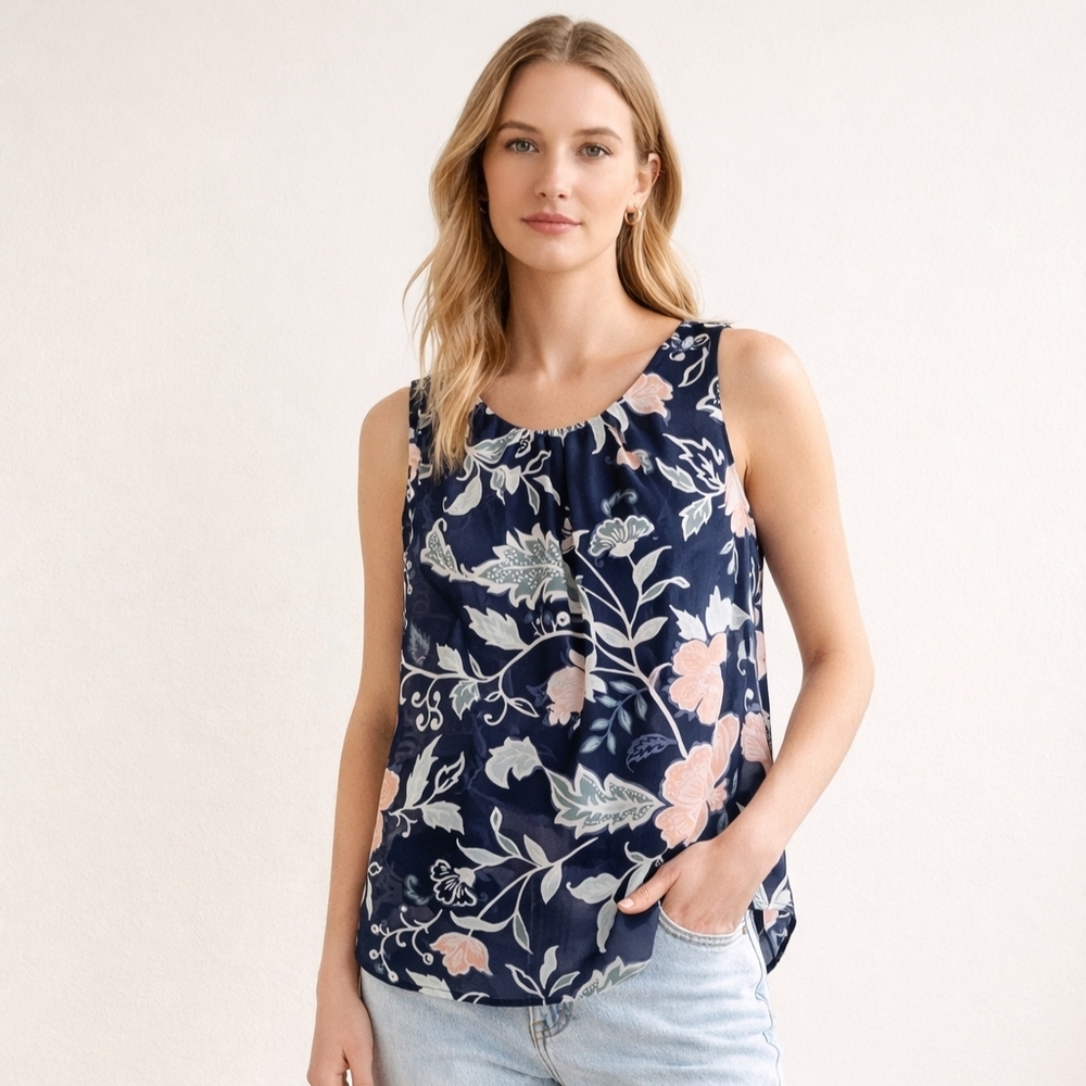 LOFT Floral Sleeveless Blouse XXSP Blue Semi Sheer Gathered Neck